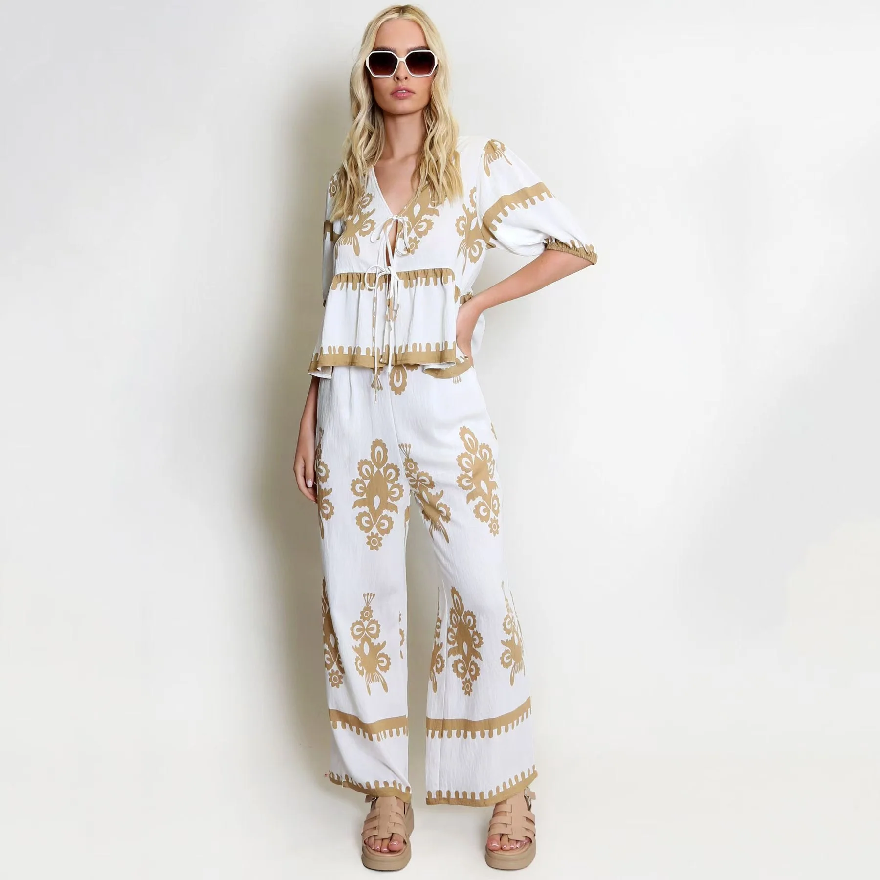 Women's Two-Piece Set – Tie Top with Drawstring Closure – Wide Long Pants – Breathable Linen - Image 4