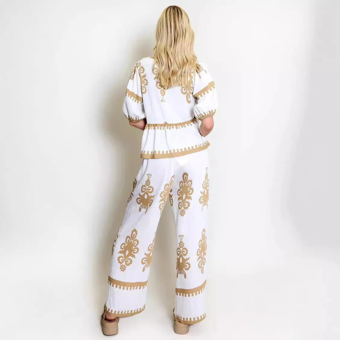 Women's Two-Piece Set – Tie Top with Drawstring Closure – Wide Long Pants – Breathable Linen - Image 5