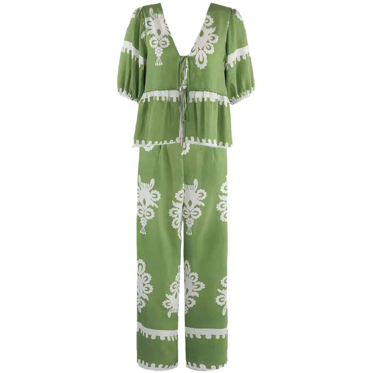 Women's Two-Piece Set – Tie Top with Drawstring Closure – Wide Long Pants – Breathable Linen - Image 6