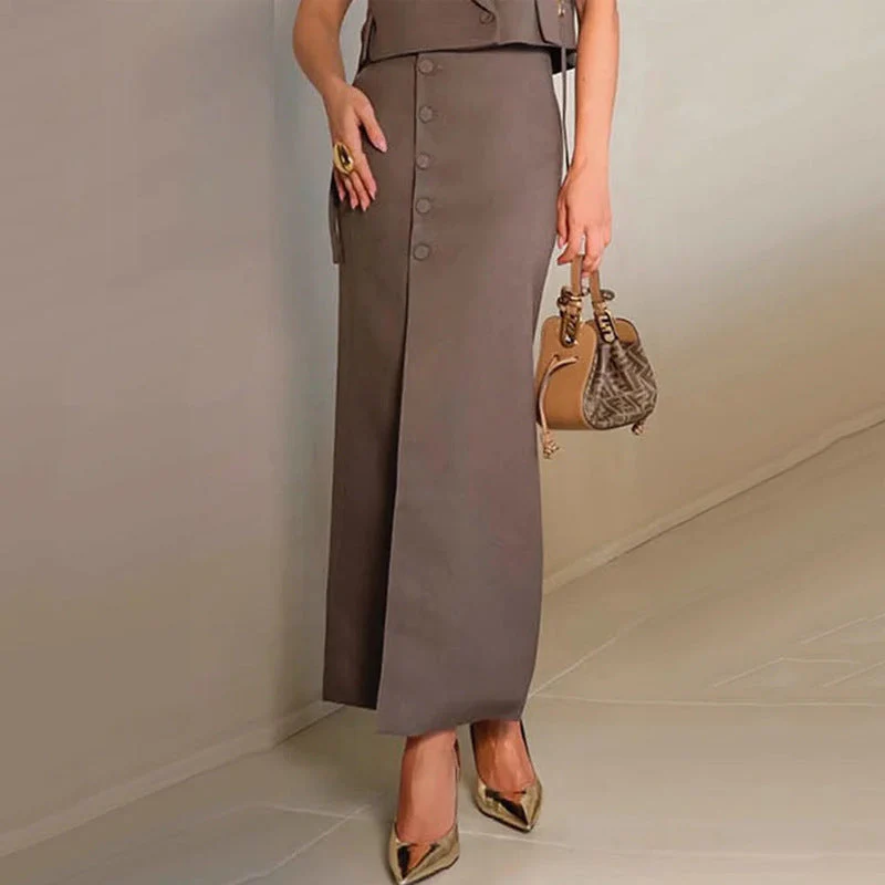 Women's Two-Piece Set – Tailored Cropped Top with Lapel – Midi Skirt with Slit and Button Detail - Image 4