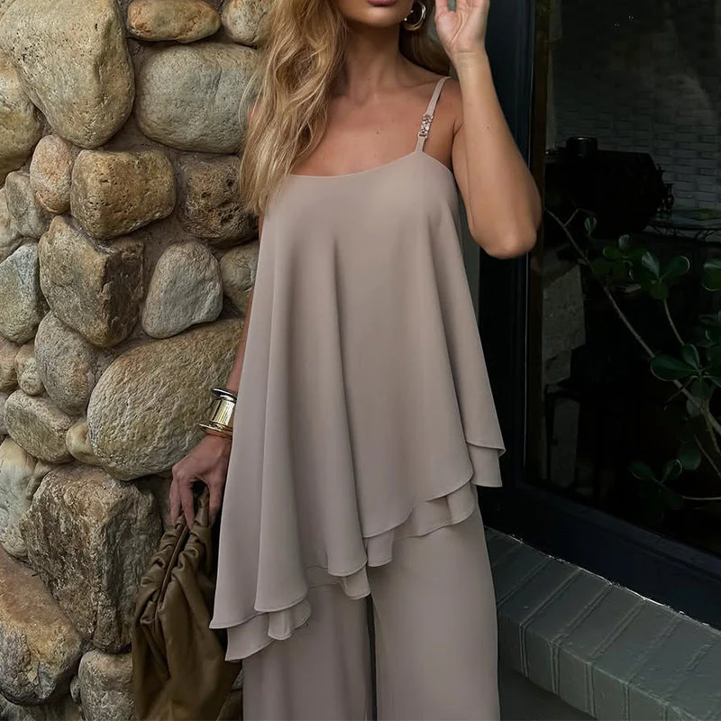 Ladies Two-Piece Set – Asymmetrical Top – Sleeveless – Straight Pants – Airy Fit - Image 3