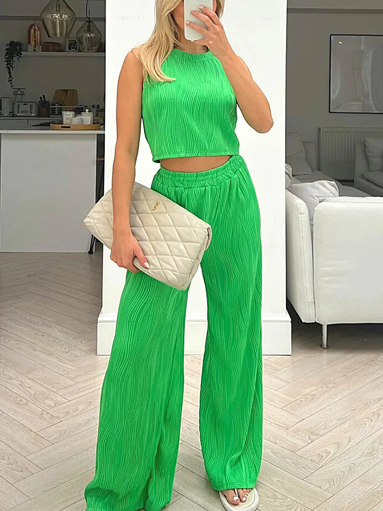 Ladies Two-Piece Set – Fitted Crop Top – High Waist Pants – Ribbed Fabric – Breathable - Image 5