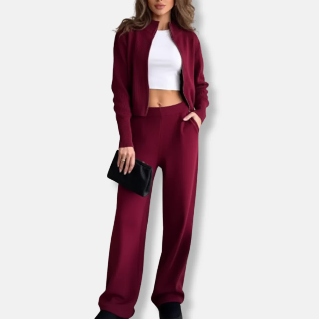 Ladies Two-Piece Set – Knitted – Cropped Zip Top – High Waist Wide Leg Pants - Image 2