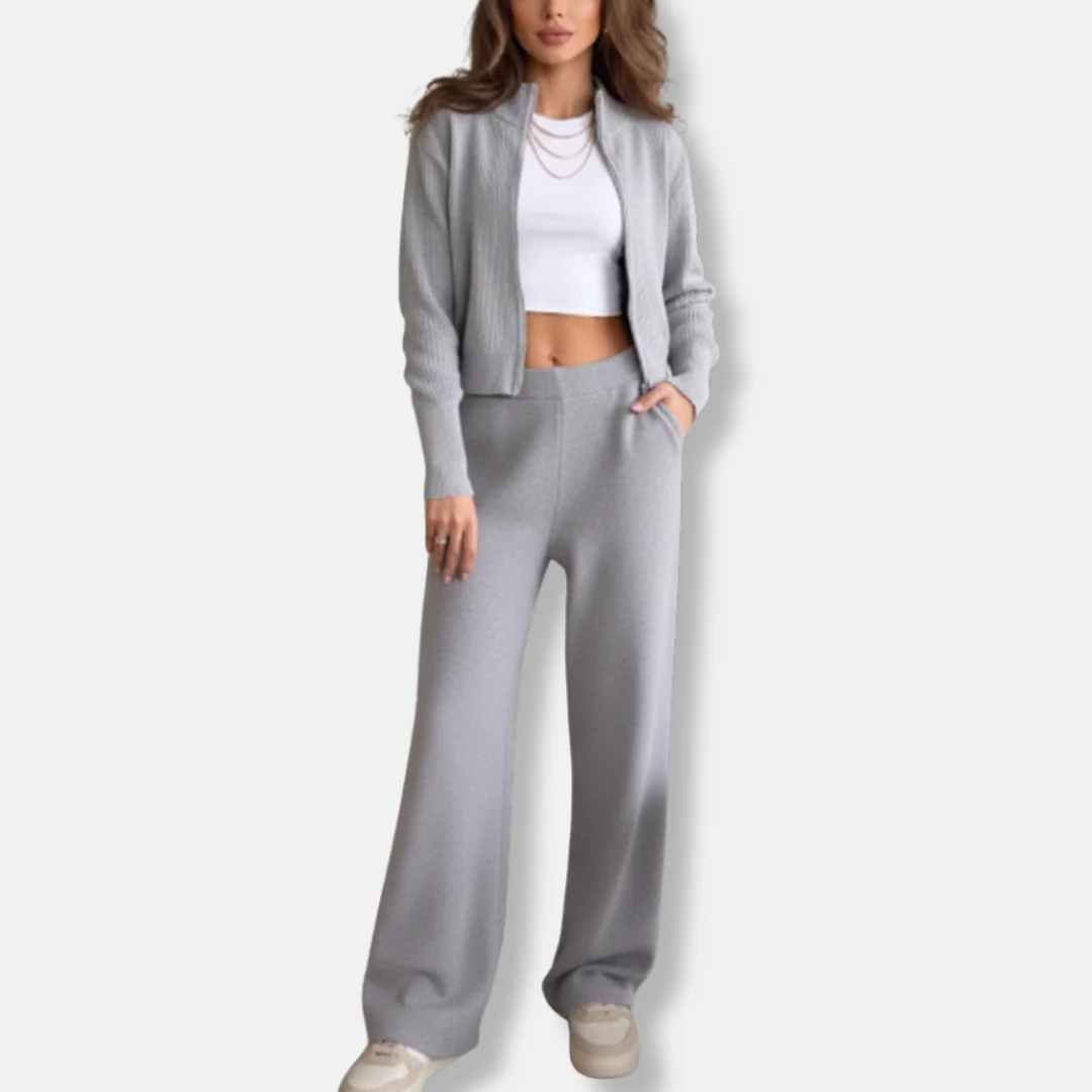 Ladies Two-Piece Set – Knitted – Cropped Zip Top – High Waist Wide Leg Pants - Image 3