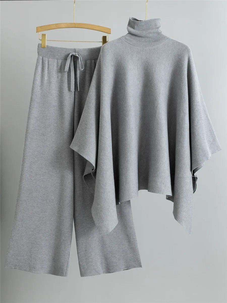 Women's Two-Piece Set – Knitted Cape Top with Turtleneck – Wide Pants – Relaxed Fit - Image 2