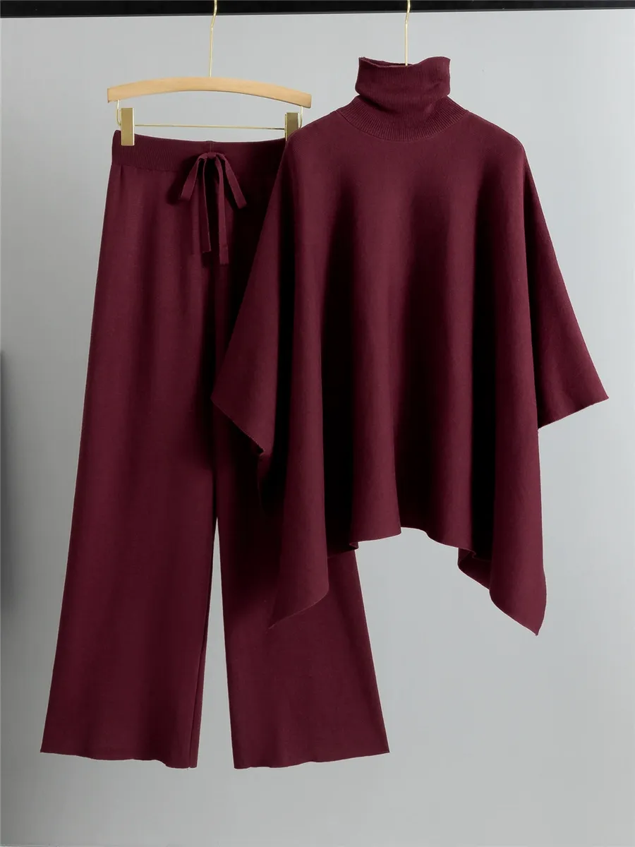 Women's Two-Piece Set – Knitted Cape Top with Turtleneck – Wide Pants – Relaxed Fit - Image 3