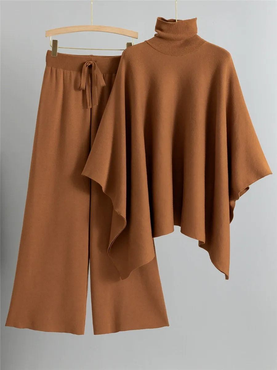 Women's Two-Piece Set – Knitted Cape Top with Turtleneck – Wide Pants – Relaxed Fit - Image 4