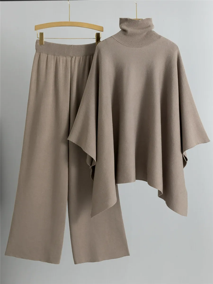 Women's Two-Piece Set – Knitted Cape Top with Turtleneck – Wide Pants – Relaxed Fit - Image 5