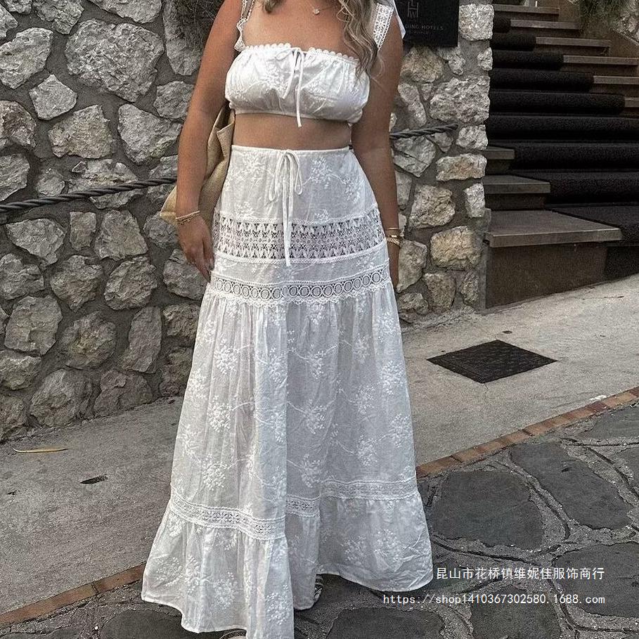 Ladies Two-Piece Set – Lace Crop Top Off Shoulder – Maxi Skirt With Layered Ruffles - Image 2