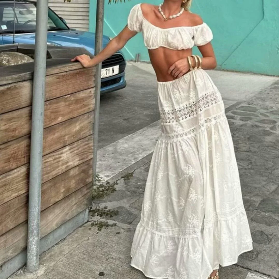 Ladies Two-Piece Set – Lace Crop Top Off Shoulder – Maxi Skirt With Layered Ruffles - Image 3