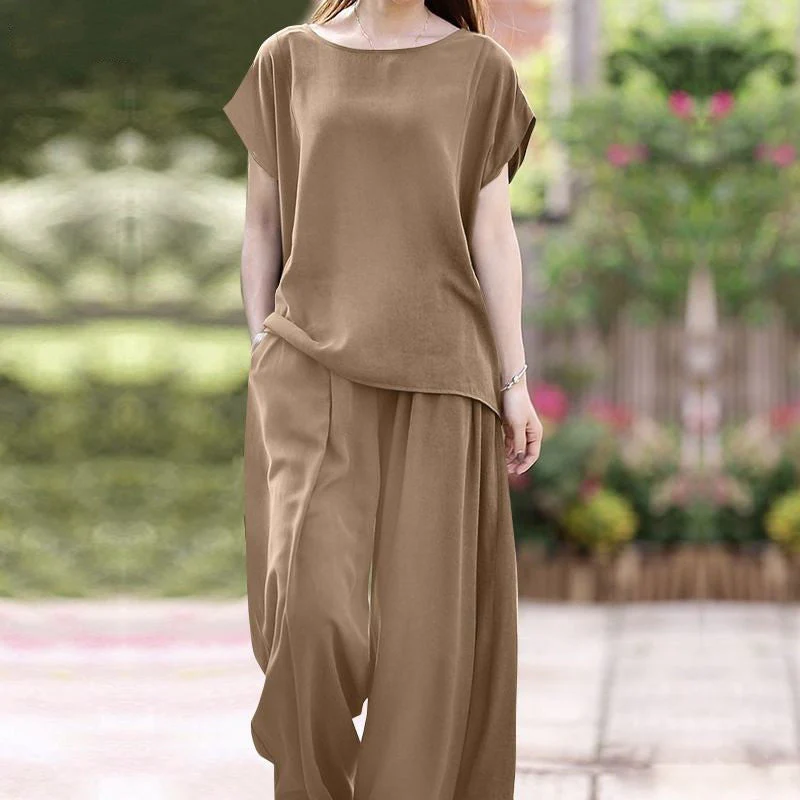 Ladies Two-Piece Set – Loose Blouse – High Waist Wide Pants – Breathable Comfort - Image 2
