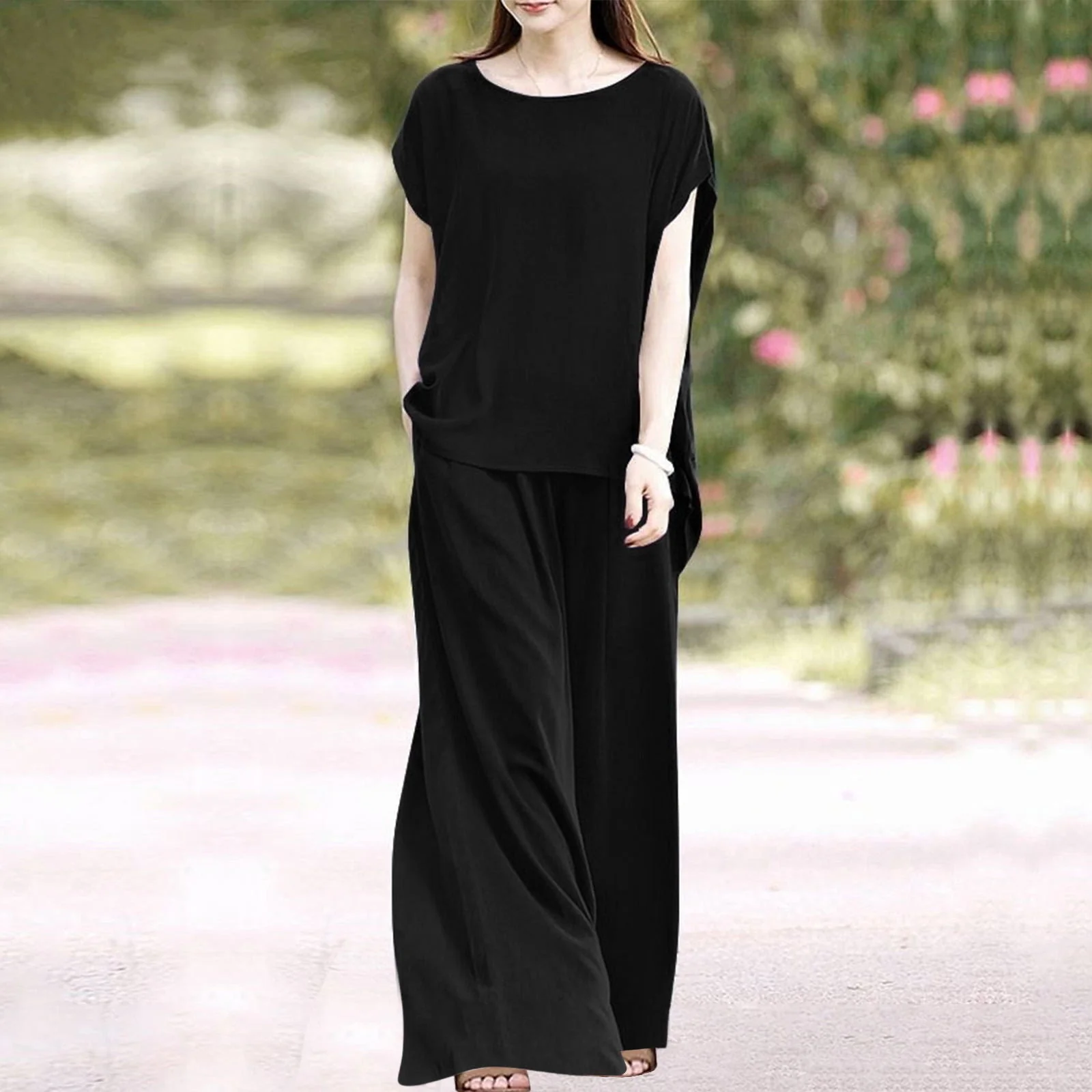 Ladies Two-Piece Set – Loose Blouse – High Waist Wide Pants – Breathable Comfort - Image 3