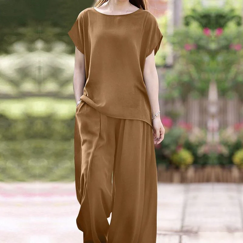 Ladies Two-Piece Set – Loose Blouse – High Waist Wide Pants – Breathable Comfort - Image 4