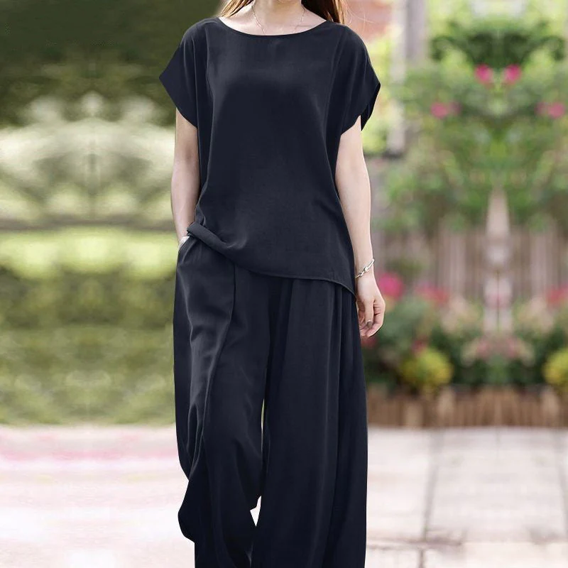 Ladies Two-Piece Set – Loose Blouse – High Waist Wide Pants – Breathable Comfort - Image 5