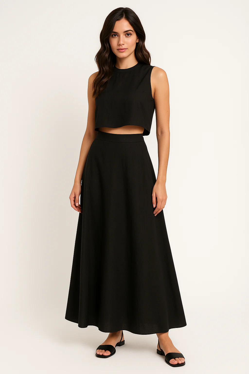 Women's Two-Piece Set – Loose-Fitting Crop Top & A-Line Midi Skirt – Breathable & Elegant - Image 2