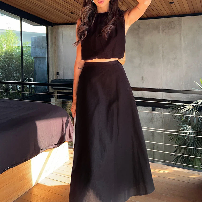 Women's Two-Piece Set – Loose-Fitting Crop Top & A-Line Midi Skirt – Breathable & Elegant - Image 4