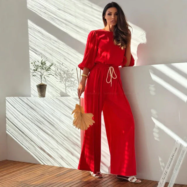Women's Two-Piece Set – Loose-Fitting T-shirt with Bow – Wide Pants with Elastic Waist - Image 2