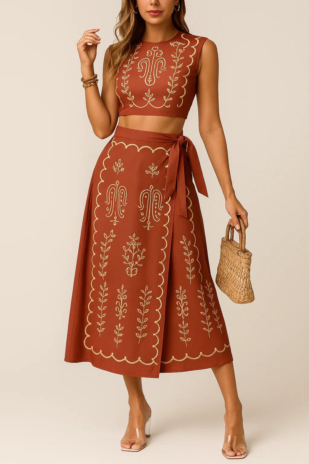 Ladies Two-Piece Set – Sleeveless Crop Top & Wrap Midi Skirt – Airy Fabric – Embroidered - Image 2