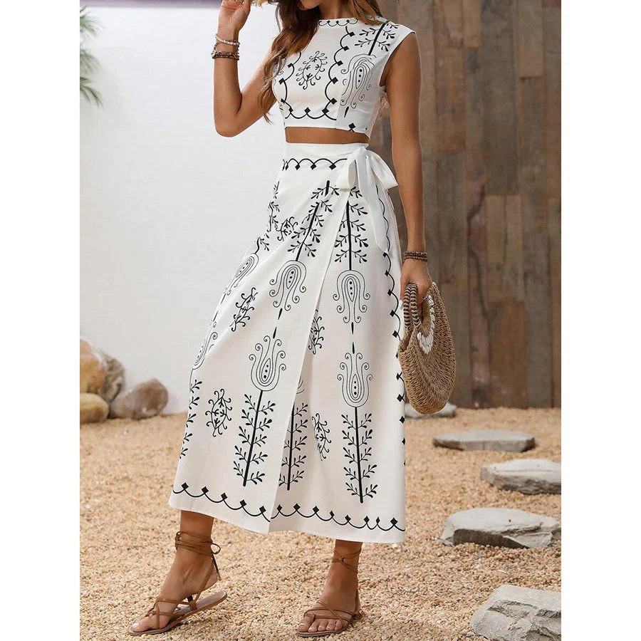 Ladies Two-Piece Set – Sleeveless Crop Top & Wrap Midi Skirt – Airy Fabric – Embroidered - Image 5