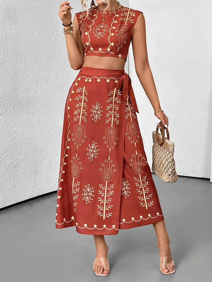 Ladies Two-Piece Set – Sleeveless Crop Top & Wrap Midi Skirt – Airy Fabric – Embroidered - Image 6