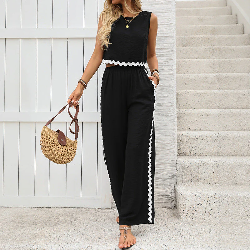 Women's Two-Piece Set – Sleeveless Cropped Top – Long Pants – Relaxed Fit – Contrast Hem - Image 2