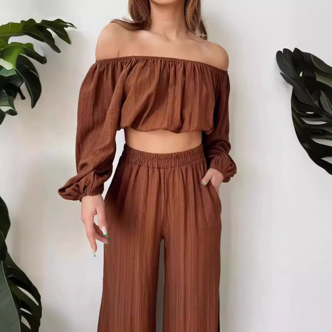Ladies Two-Piece Set – Offshoulder Crop Top – Wide High Waist Pants – Airy Fabric - Image 2
