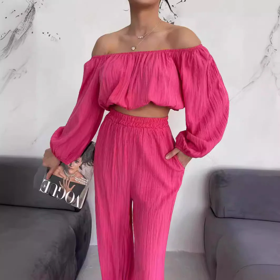 Ladies Two-Piece Set – Offshoulder Crop Top – Wide High Waist Pants – Airy Fabric - Image 3