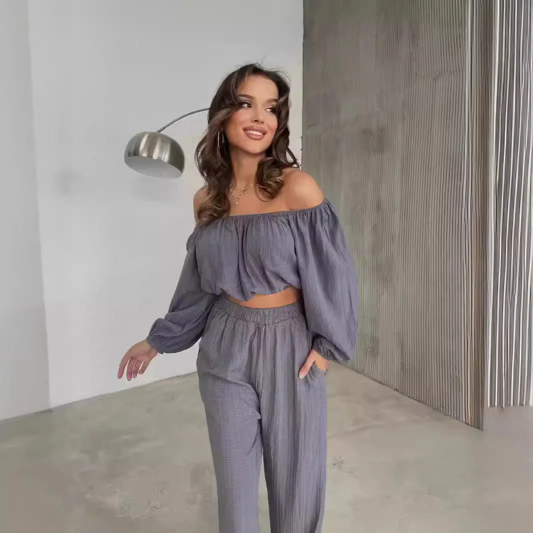 Ladies Two-Piece Set – Offshoulder Crop Top – Wide High Waist Pants – Airy Fabric - Image 4