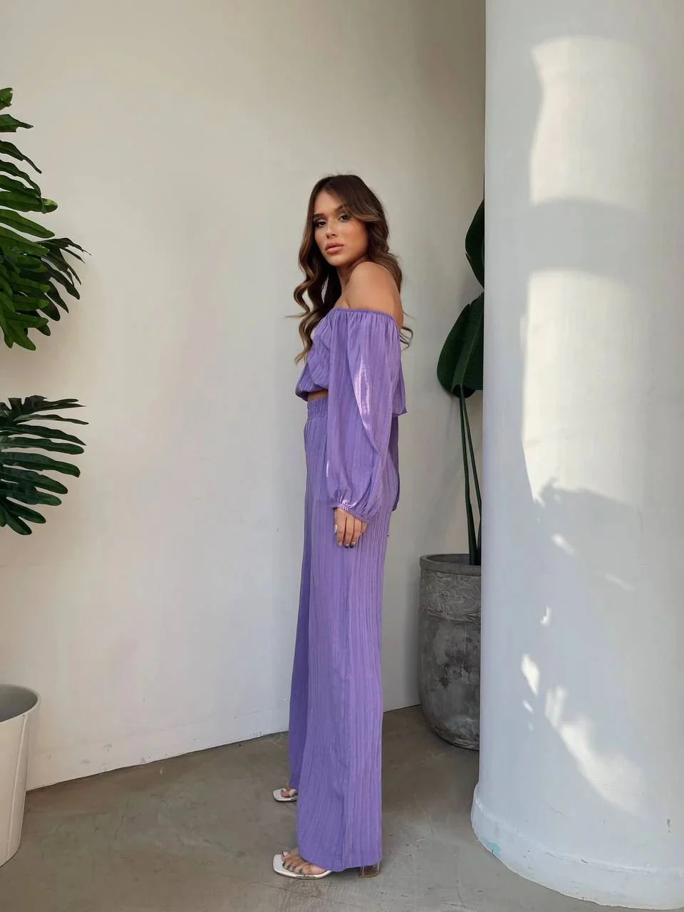 Ladies Two-Piece Set – Offshoulder Crop Top – Wide High Waist Pants – Airy Fabric - Image 6