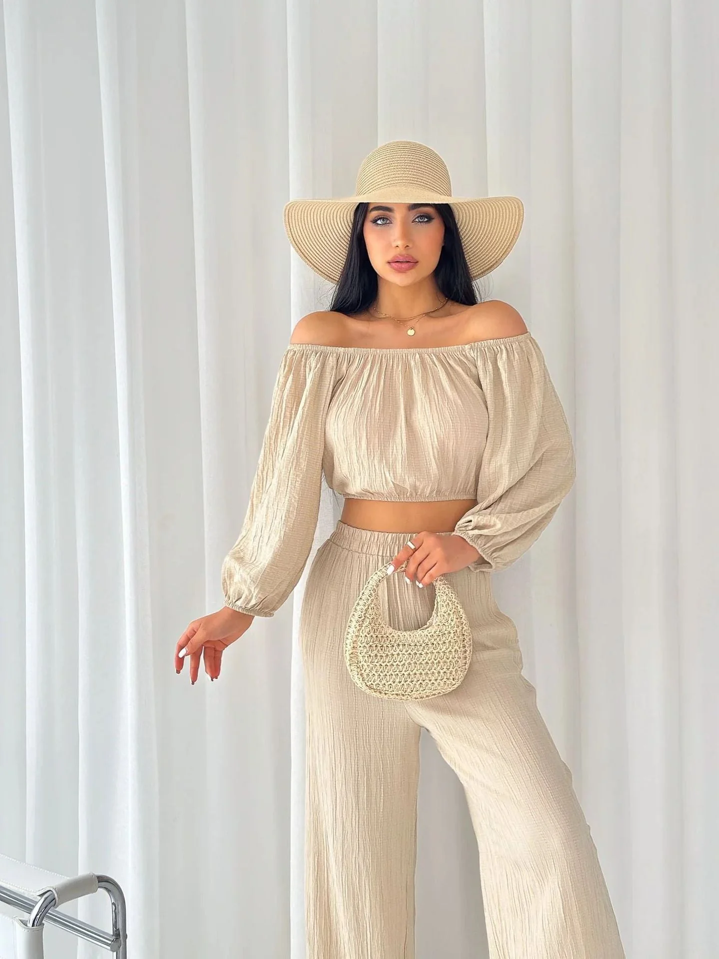 Ladies Two-Piece Set – Offshoulder Crop Top – Wide High Waist Pants – Airy Fabric - Image 7
