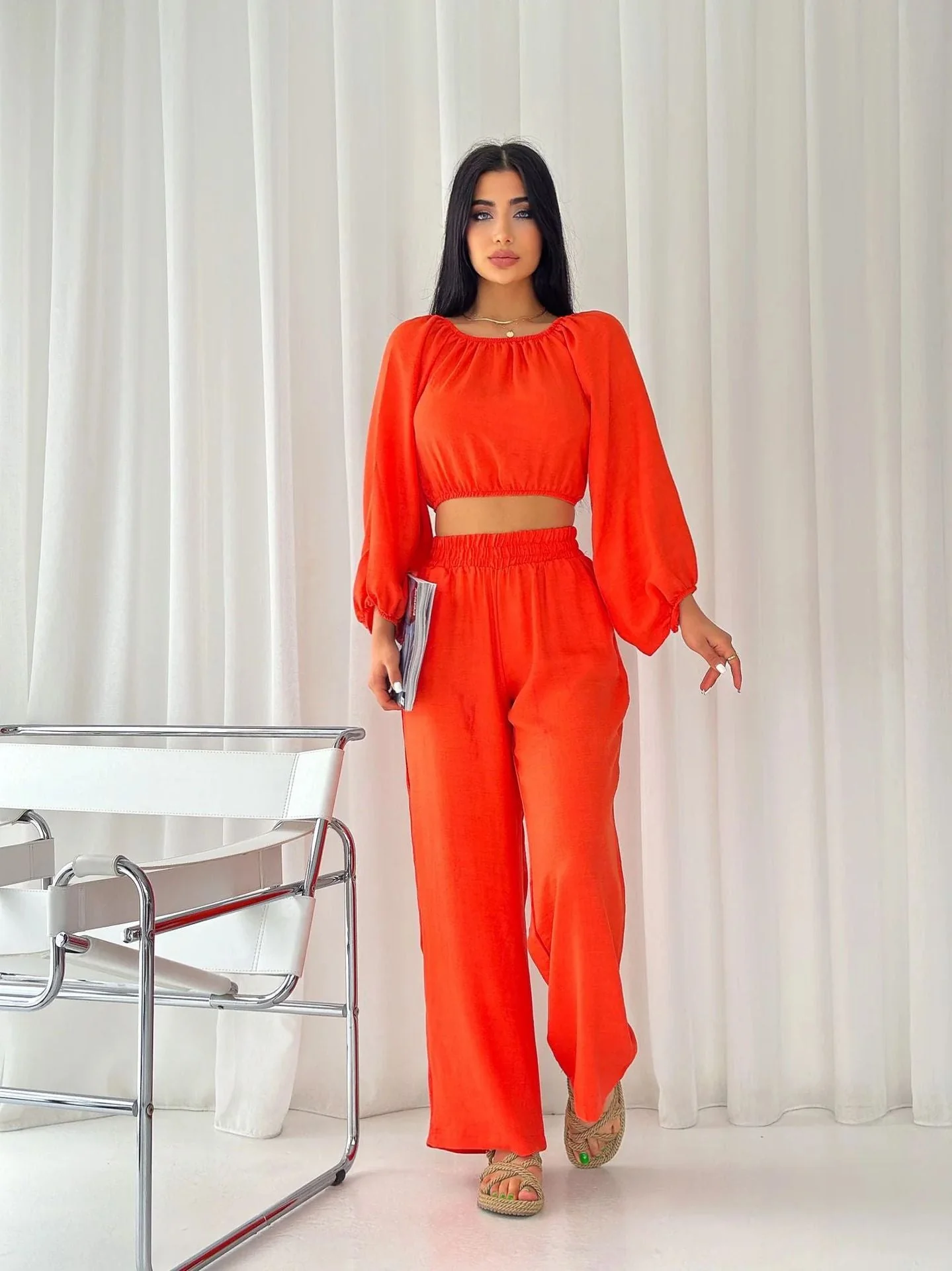 Ladies Two-Piece Set – Offshoulder Crop Top – Wide High Waist Pants – Airy Fabric - Image 9