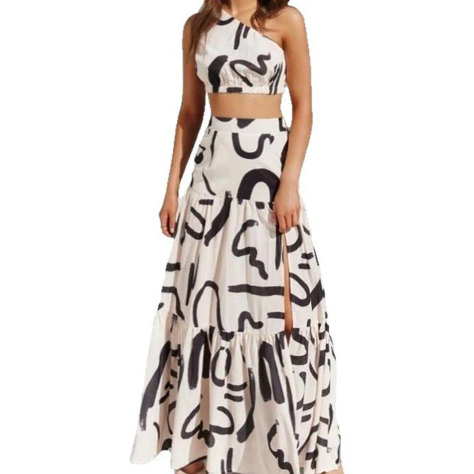 Ladies Two-Piece Set – One-Shoulder Crop Top – High Split Maxi Skirt – Airy Fabric - Image 5