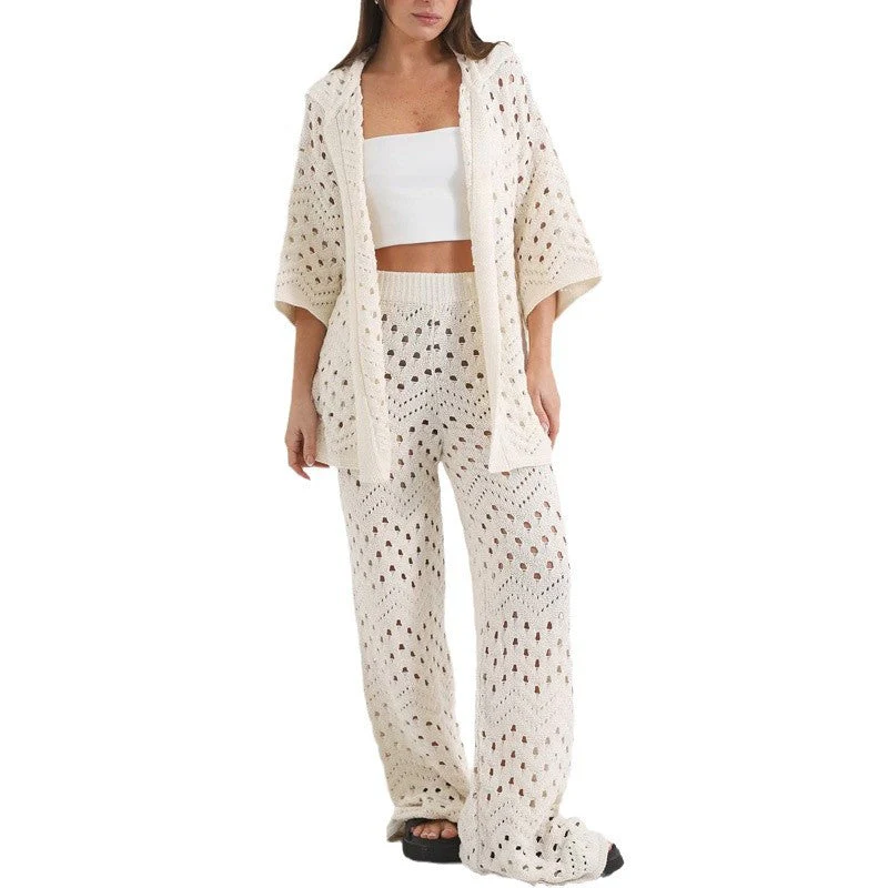 Ladies Two-Piece Set – Open Knit – Loose Cardigan – Wide High Waist Trousers - Image 4