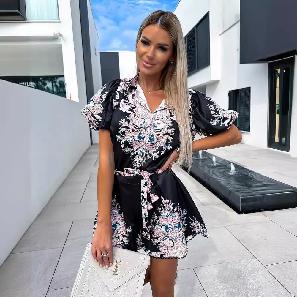 Women's Two-Piece Set – Relaxed Fit – V-Neck – Puff Sleeves – Breathable – Belt - Image 2
