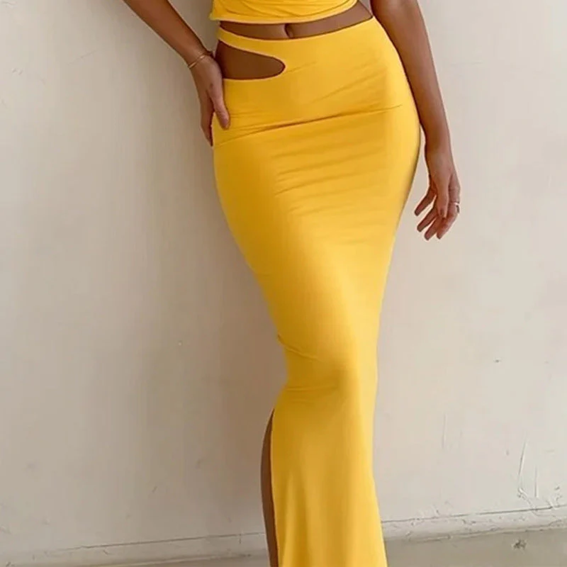 Ladies Two-Piece Set – Slim Fit – One Shoulder Top – Midi Skirt – Cut-Out Detail - Image 2