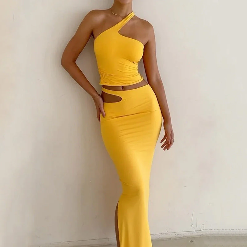 Ladies Two-Piece Set – Slim Fit – One Shoulder Top – Midi Skirt – Cut-Out Detail - Image 3
