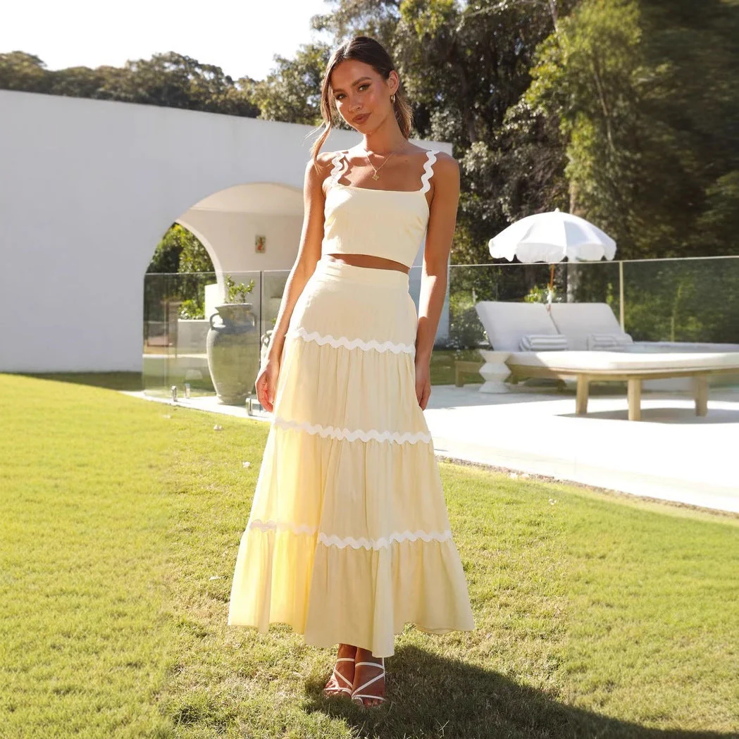 Ladies Two-Piece Set – Strapless Crop Top – Maxi Skirt – Wavy Finish – Linen Look - Image 4