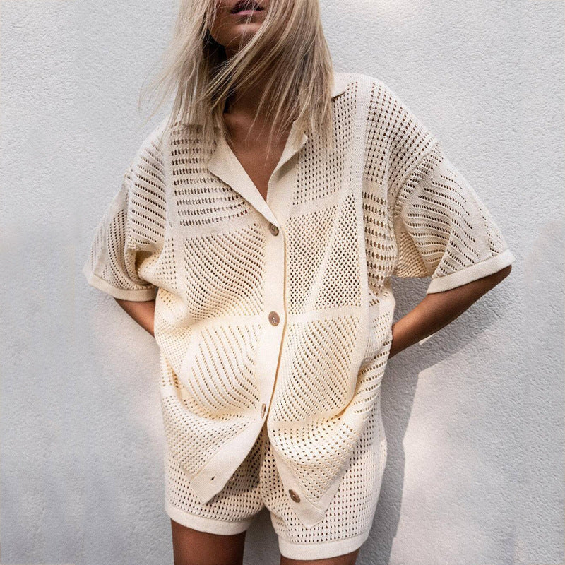Ladies Two-Piece Set – V-neck Knitted Top and Shorts – Airy Relaxed Fit - Image 2
