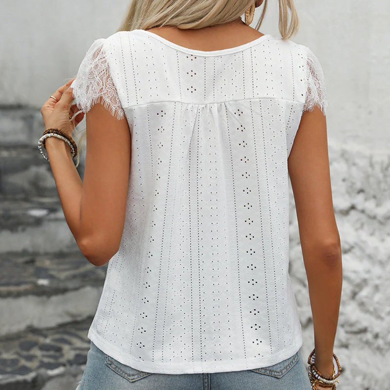 Ladies V-neck Top – Cotton-look – Relaxed Fit – Short Sleeves – Lace and Embroidery - Image 2