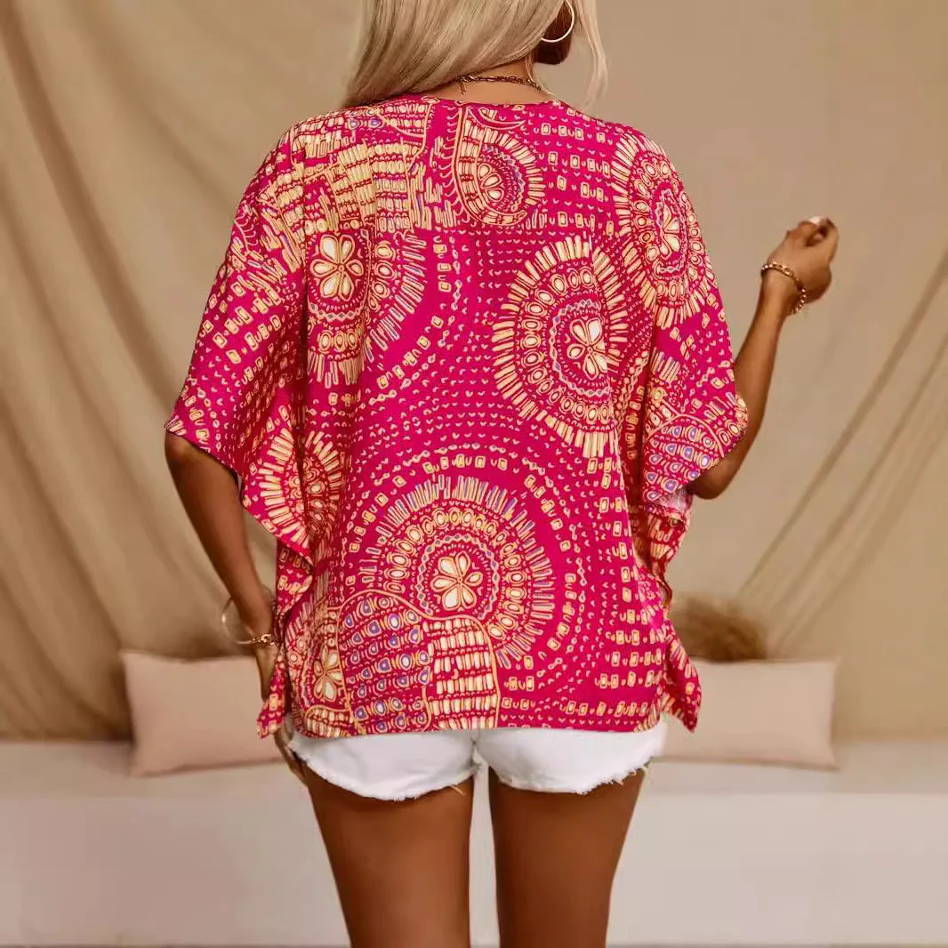 Women's V-neck Top – Relaxed Fit – Batwing Sleeves – Lightweight Geometric Print - Image 3