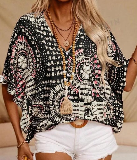 Women's V-neck Top – Relaxed Fit – Batwing Sleeves – Lightweight Geometric Print - Image 7