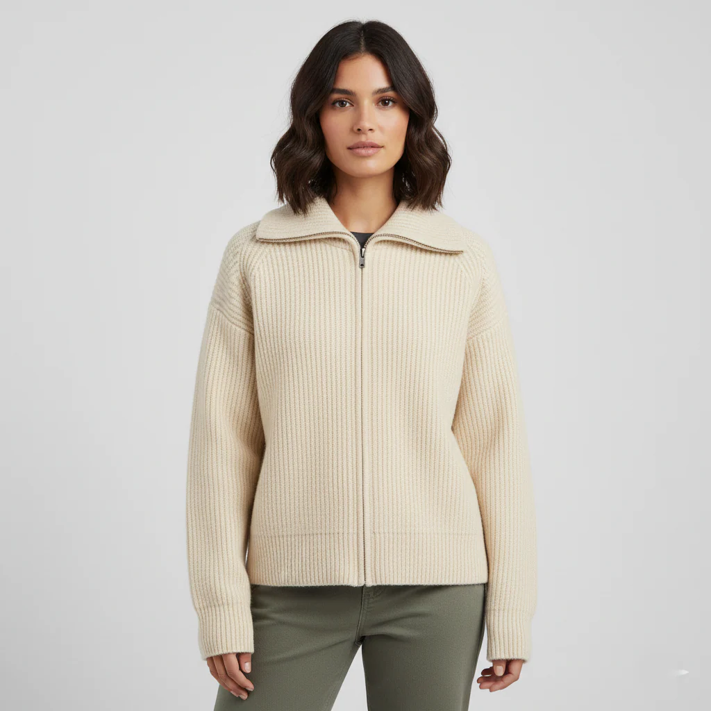 Ladies Cardigan – Slim Fit – Wool-Mix Knit – High Collar – Zipper Closure – Long Sleeve - Image 2