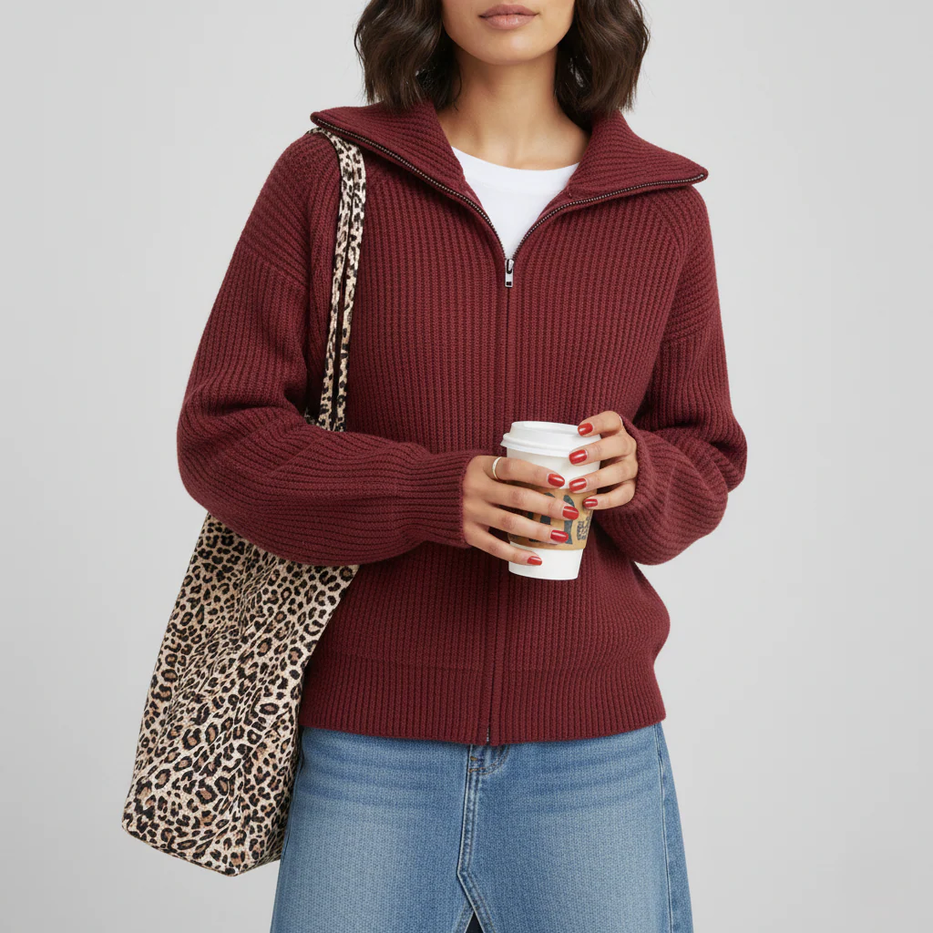Ladies Cardigan – Slim Fit – Wool-Mix Knit – High Collar – Zipper Closure – Long Sleeve - Image 3