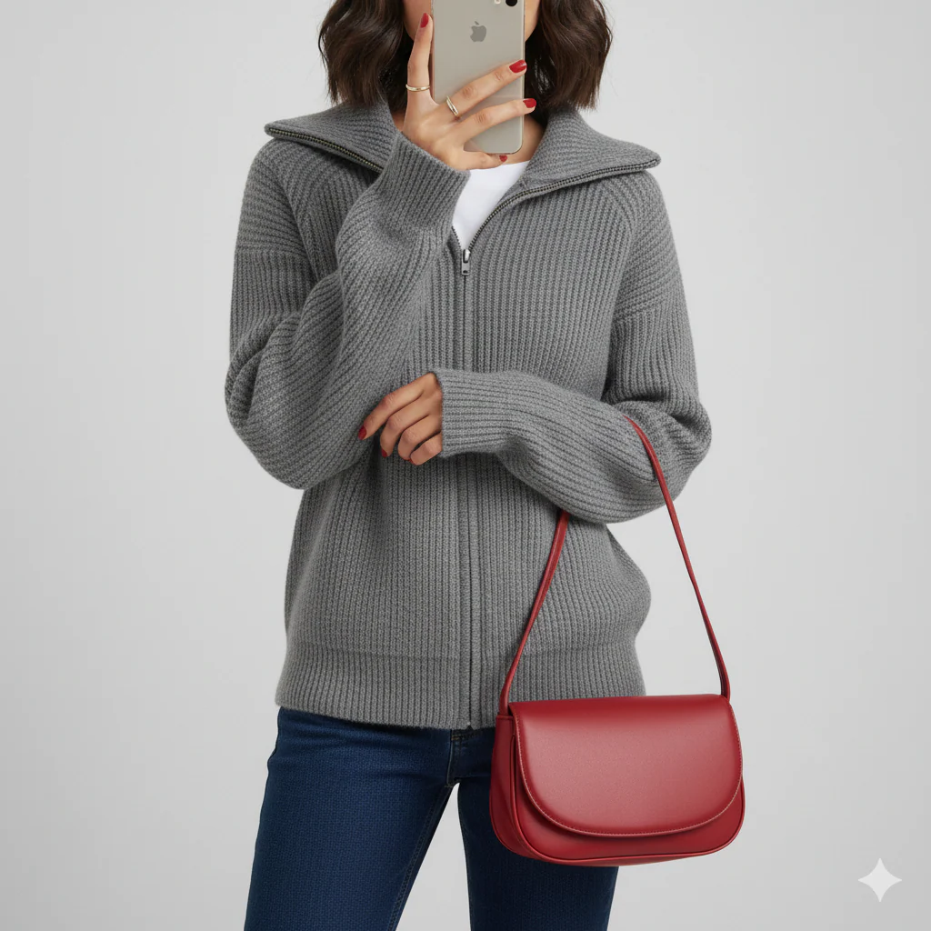 Ladies Cardigan – Slim Fit – Wool-Mix Knit – High Collar – Zipper Closure – Long Sleeve - Image 4