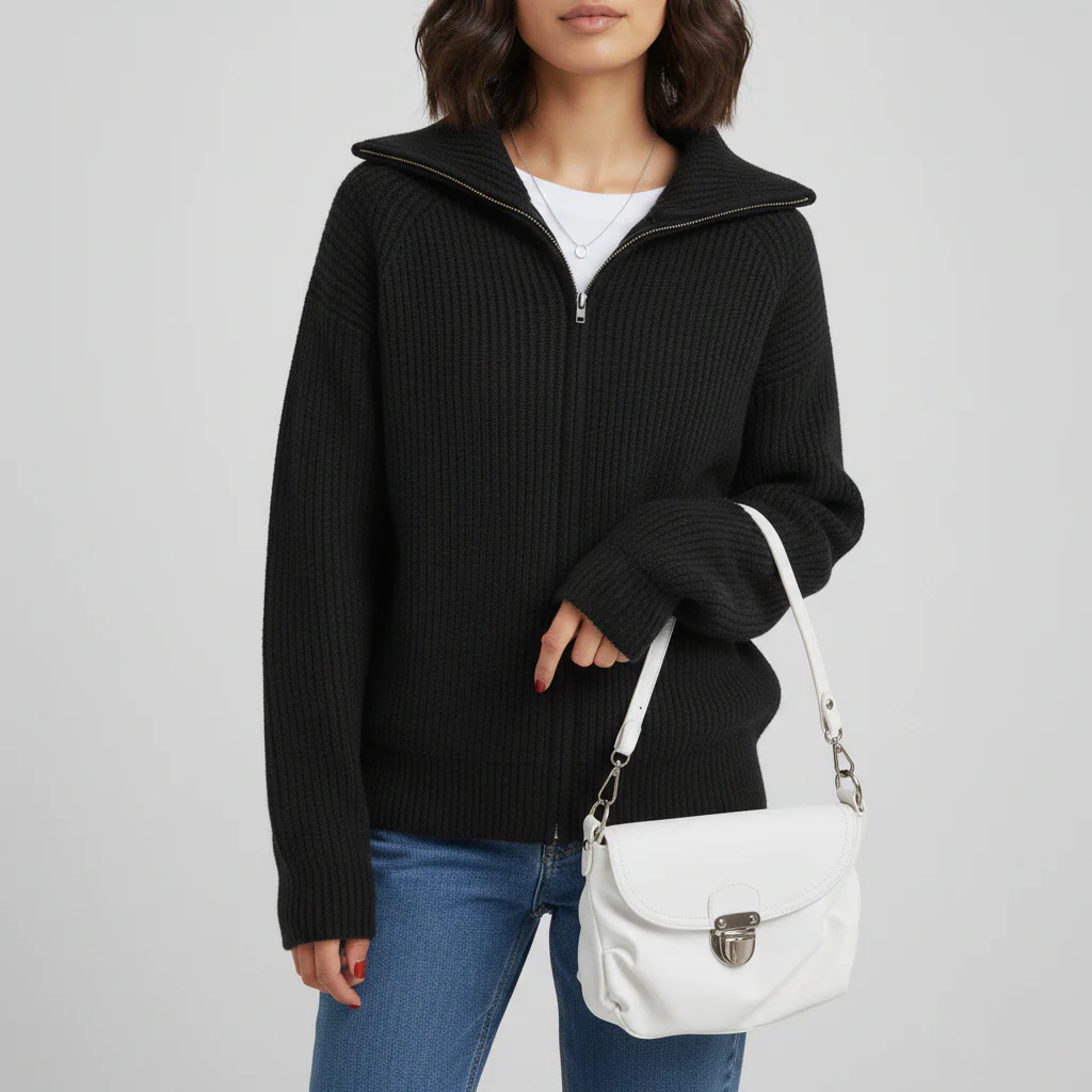 Ladies Cardigan – Slim Fit – Wool-Mix Knit – High Collar – Zipper Closure – Long Sleeve - Image 5