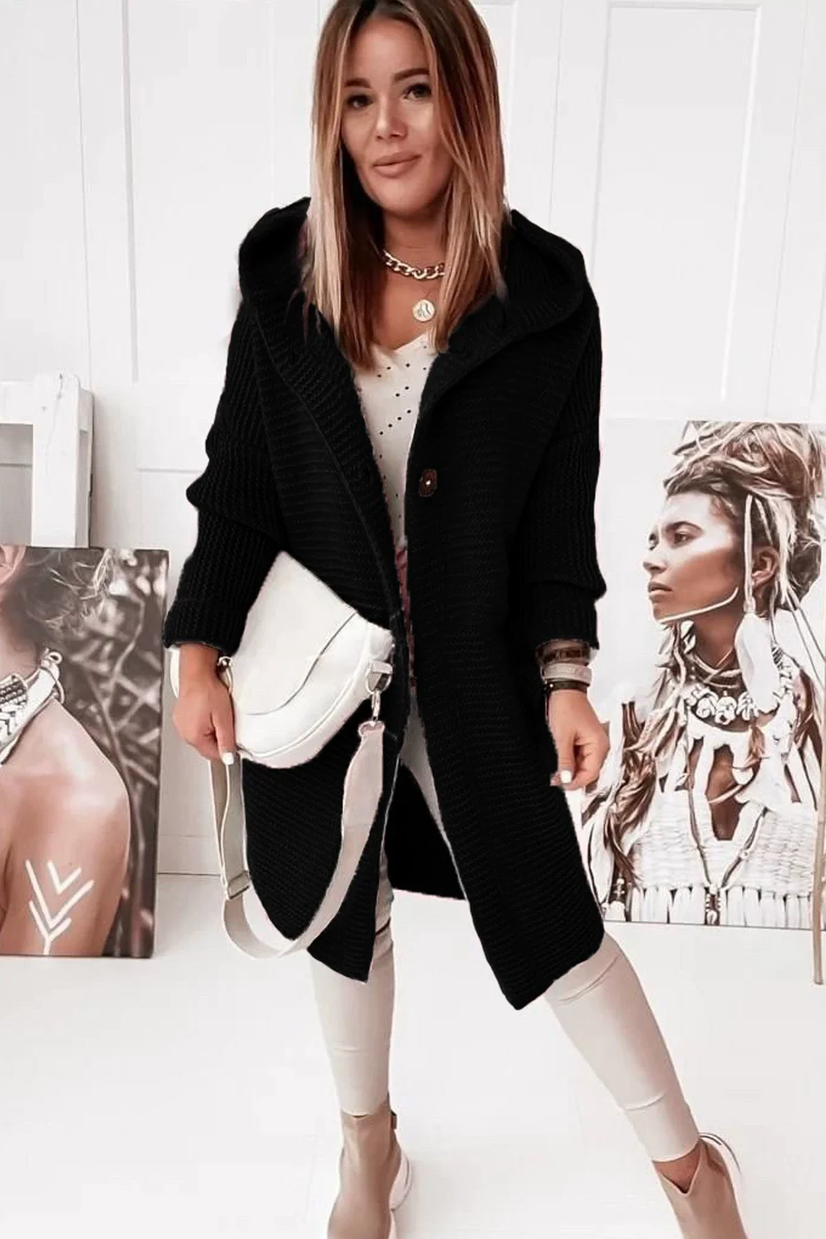 Ladies Cardigan – Knitted – Oversized Fit – Hooded Button-Front – Longline Style - Image 2