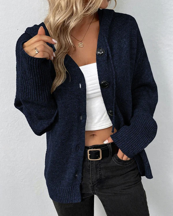 Women's Cardigan – Knitted – Relaxed Fit – With Hood – Button Closure – Ribbed Trims - Image 5