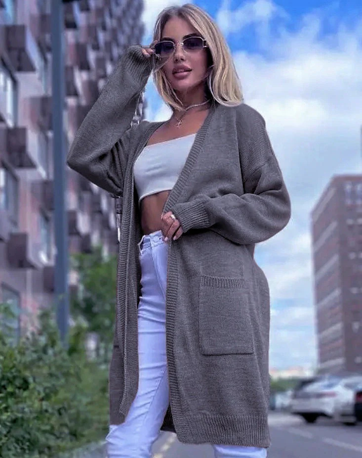 Ladies Cardigan – Cotton Blend – Loose Fit – Open Front – Long Model with Pockets - Image 2