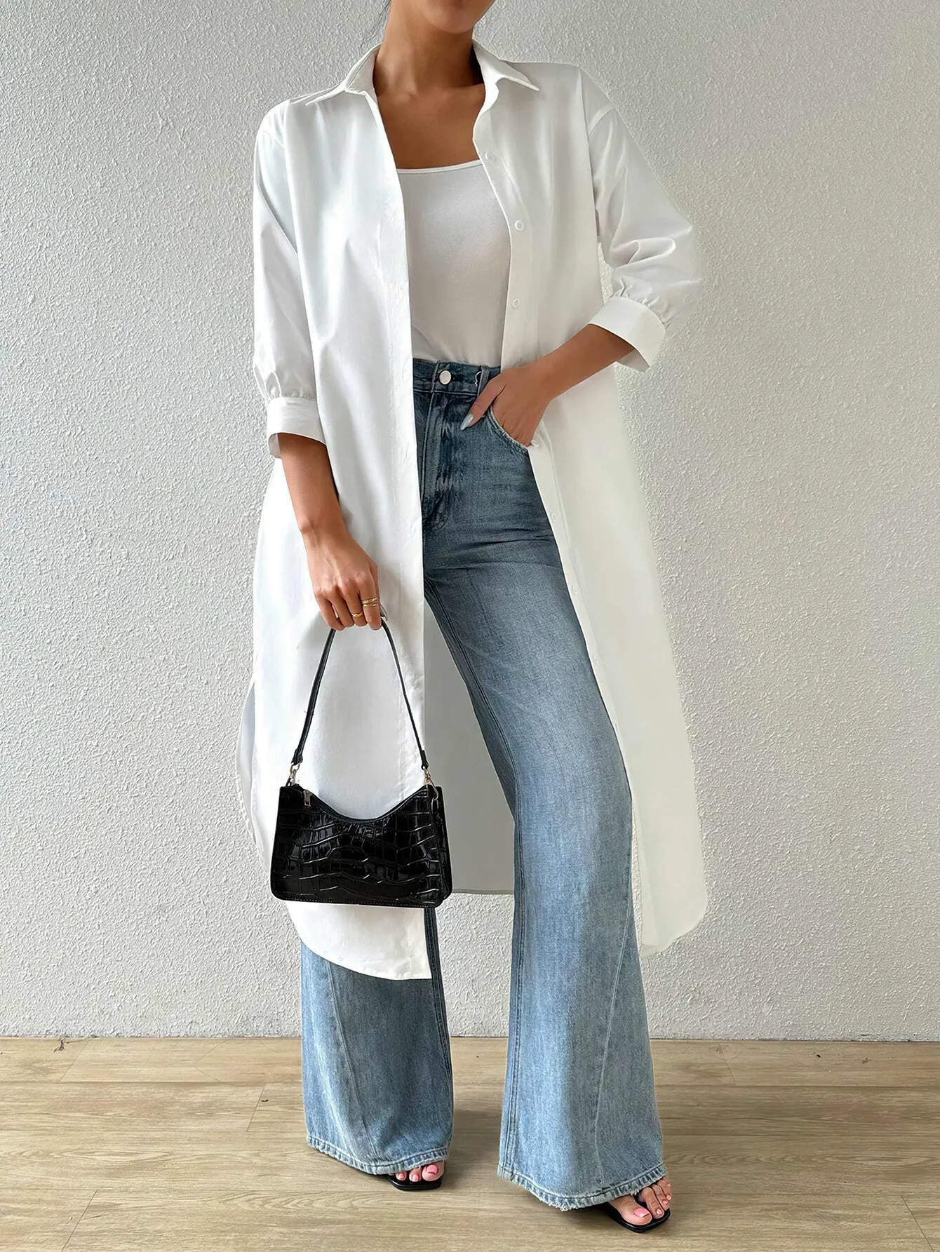Ladies Cardigan Long Model – Airy Knitted Fabric – Open Front – 3/4 Sleeve - Image 2