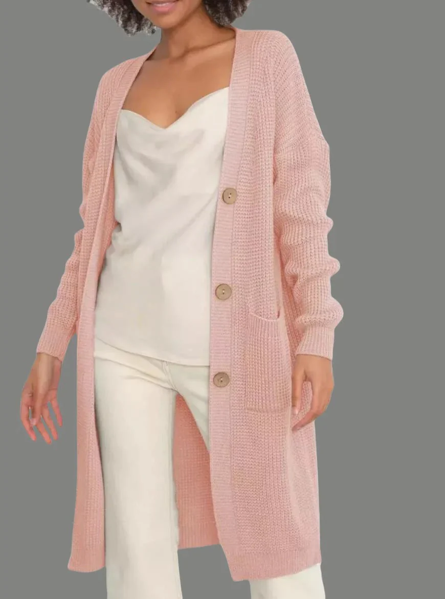 Women's Long Cardigan – Relaxed Fit – Soft Knit – Button Closure – With Pockets - Image 2